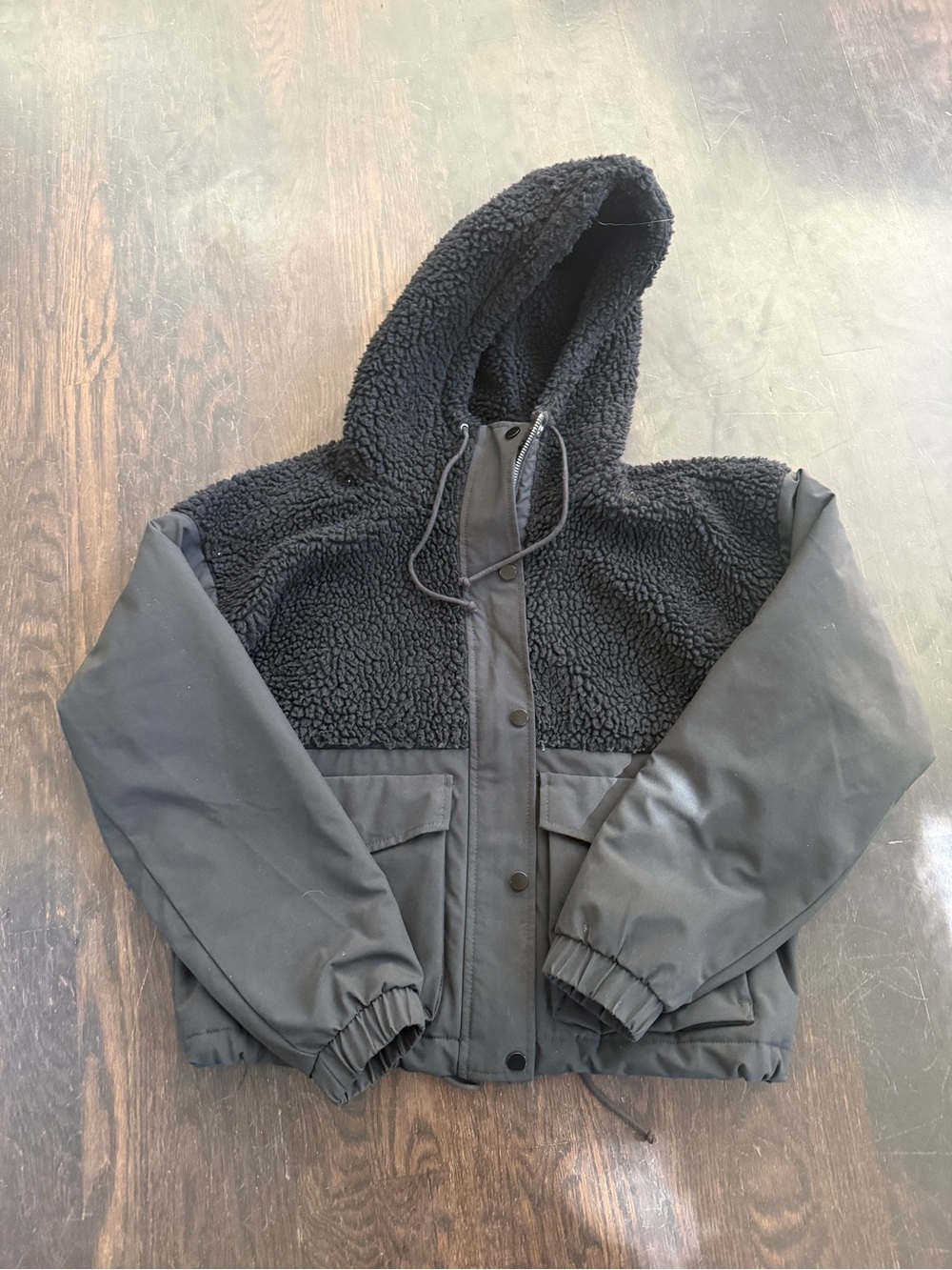 Abercrombie & Fitch Black Sherpa Hooded Shirt Jacket with Matte Panels